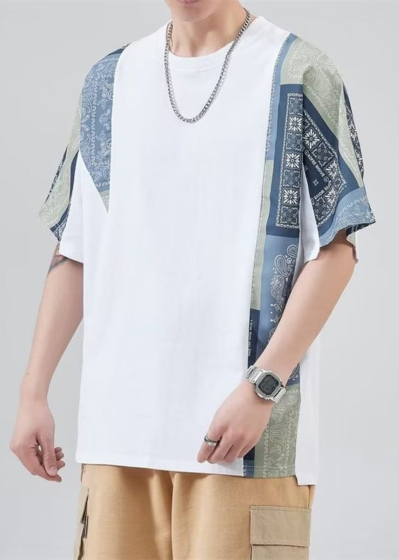 Black Shirt Mens Loose O Neck Summer Patchwork T Cotton FashionChic