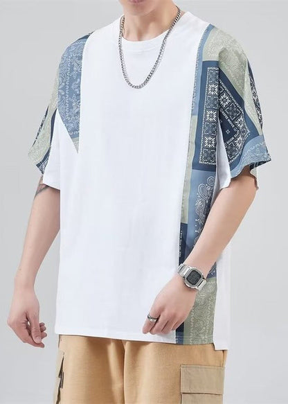 Black Shirt Mens Loose O Neck Summer Patchwork T Cotton FashionChic