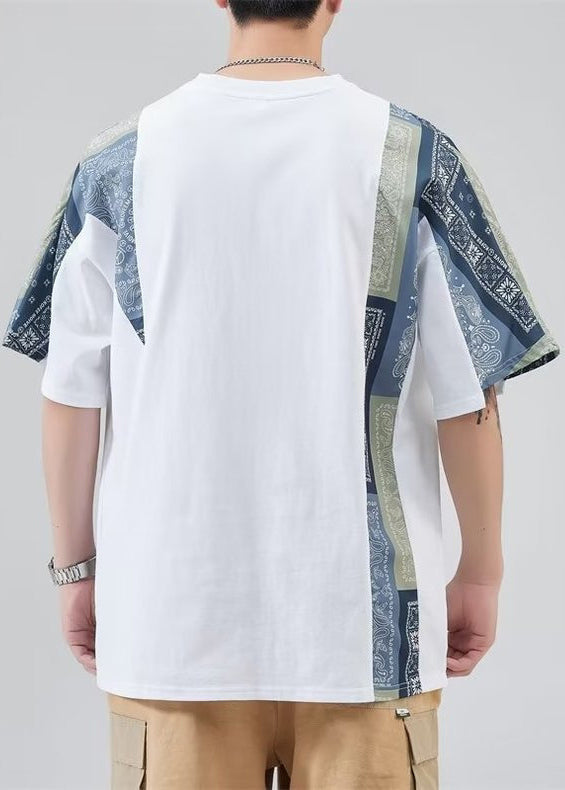 Black Shirt Mens Loose O Neck Summer Patchwork T Cotton FashionChic