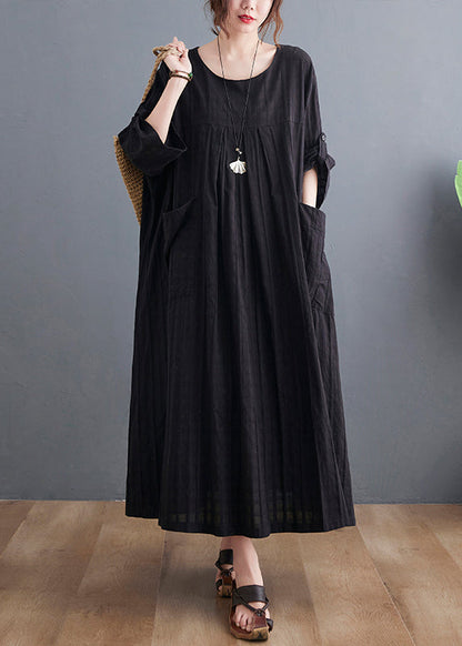 Loose Black O-Neck Patchwork Pockets Maxi Dress Bracelet Sleeve GH1053 Ada Fashion