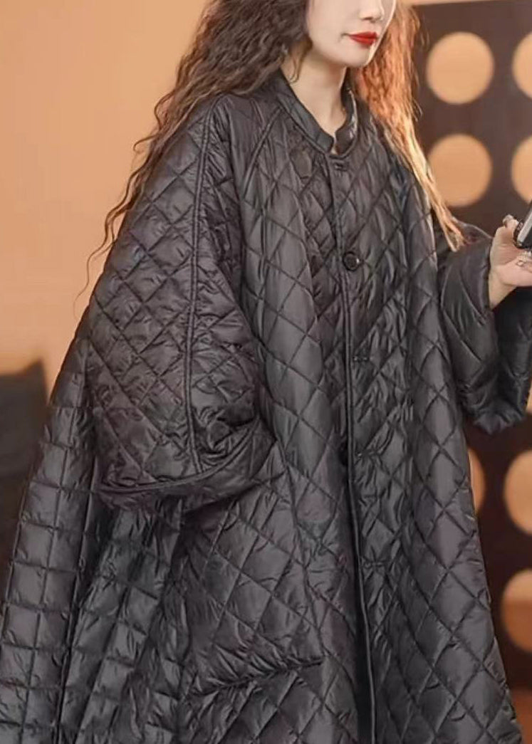 Loose Black O-Neck Plaid Patchwork Button Pockets Parka Winter WN001 ABC