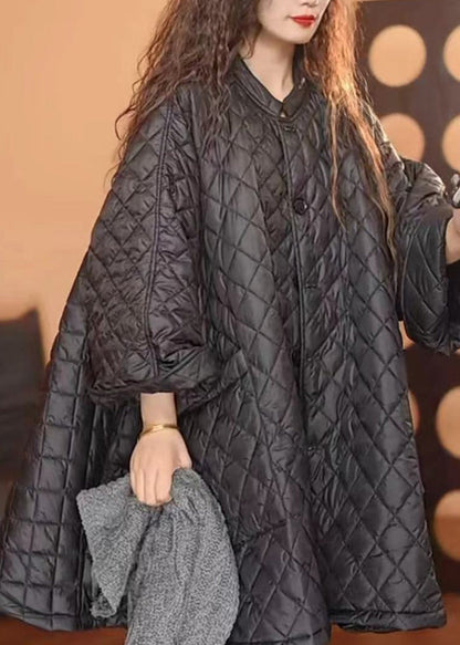 Loose Black O-Neck Plaid Patchwork Button Pockets Parka Winter WN001 ABC