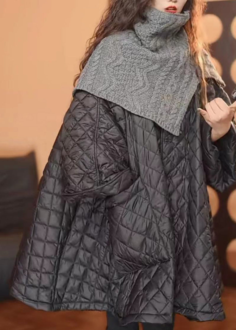 Loose Black O-Neck Plaid Patchwork Button Pockets Parka Winter WN001 ABC