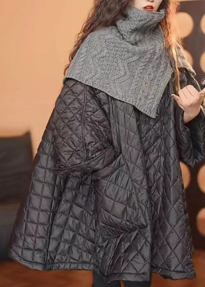 Loose Black O-Neck Plaid Patchwork Button Pockets Parka Winter WN001 ABC