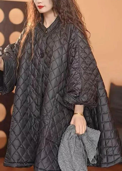 Loose Black O-Neck Plaid Patchwork Button Pockets Parka Winter WN001 ABC