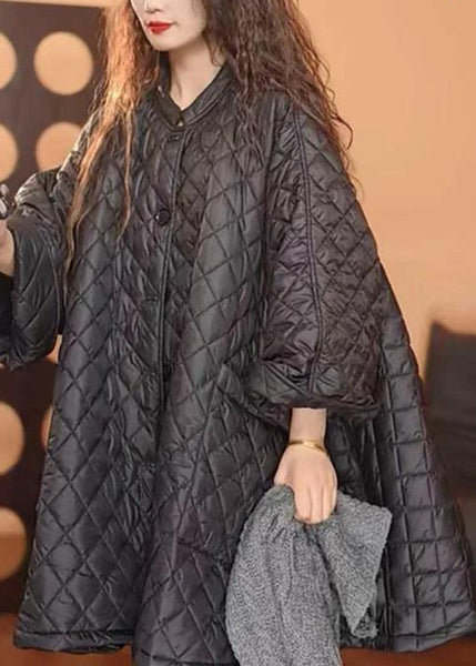 Loose Black O-Neck Plaid Patchwork Button Pockets Parka Winter WN001 ABC