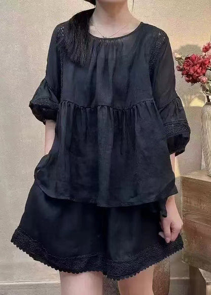 Loose Black O Neck Pockets Solid Cotton Two Piece Set Half Sleeve RE001 MZF-TPIEC240807