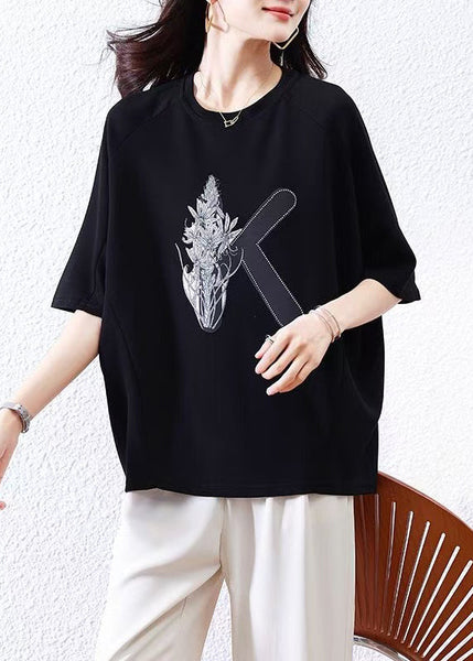 Loose Shirt O-Neck Half Black Print T Sleeve Cotton FashionChic