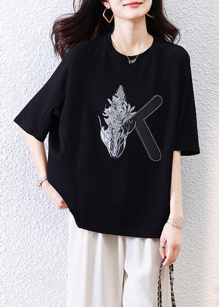 Loose Shirt O-Neck Half Black Print T Sleeve Cotton FashionChic