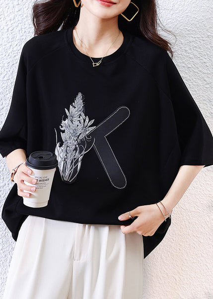 Loose Shirt O-Neck Half Black Print T Sleeve Cotton FashionChic