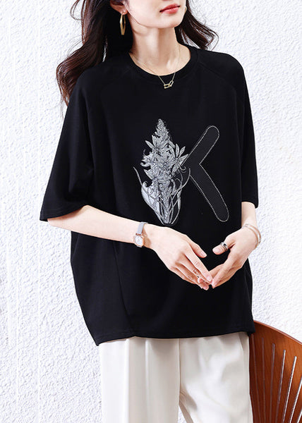 Loose Shirt O-Neck Half Black Print T Sleeve Cotton FashionChic