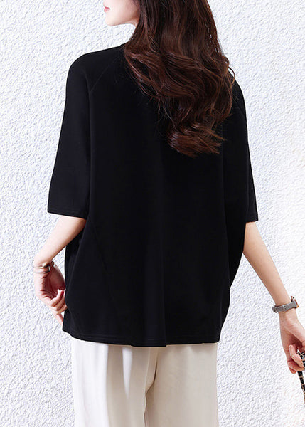 Loose Shirt O-Neck Half Black Print T Sleeve Cotton FashionChic