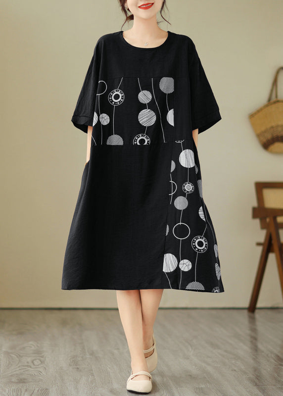 Loose Black O-Neck Print Holiday Long Dress Short Sleeve GH1007 Ada Fashion