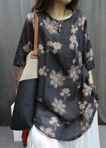 Loose Black O-Neck Print Linen Shirts Half Sleeve VV096 HS-HTP240627