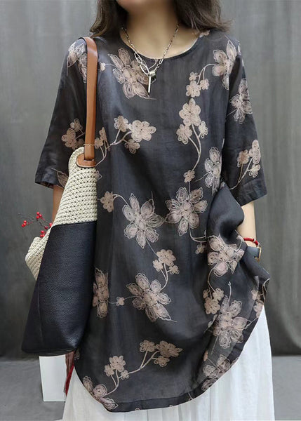 Loose Black O-Neck Print Linen Shirts Half Sleeve VV096 HS-HTP240627