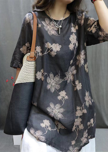 Loose Black O-Neck Print Linen Shirts Half Sleeve VV096 HS-HTP240627