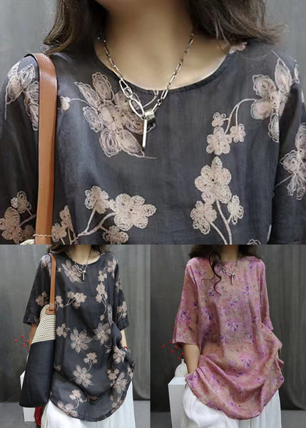 Loose Black O-Neck Print Linen Shirts Half Sleeve VV096 HS-HTP240627