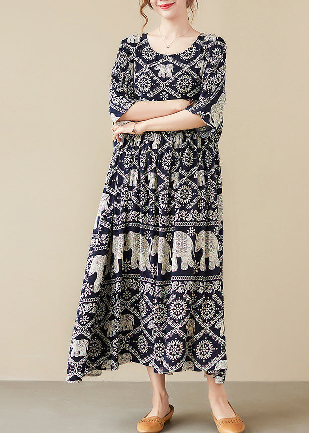 Loose Black O-Neck Print Maxi Dress Half Sleeve VB1010 Ada Fashion