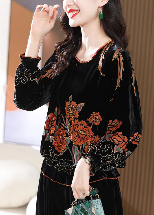 Loose Black O Neck Print Silk Velour Tops Butterfly Sleeve RZ036 ABC