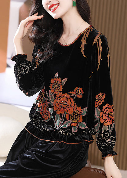 Loose Black O Neck Print Silk Velour Tops Butterfly Sleeve RZ036 ABC