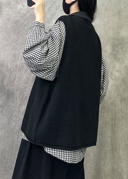 Loose Black O Neck Solid Cozy Knit Waistcoat Sleeveless VV042 HS-CTS240627
