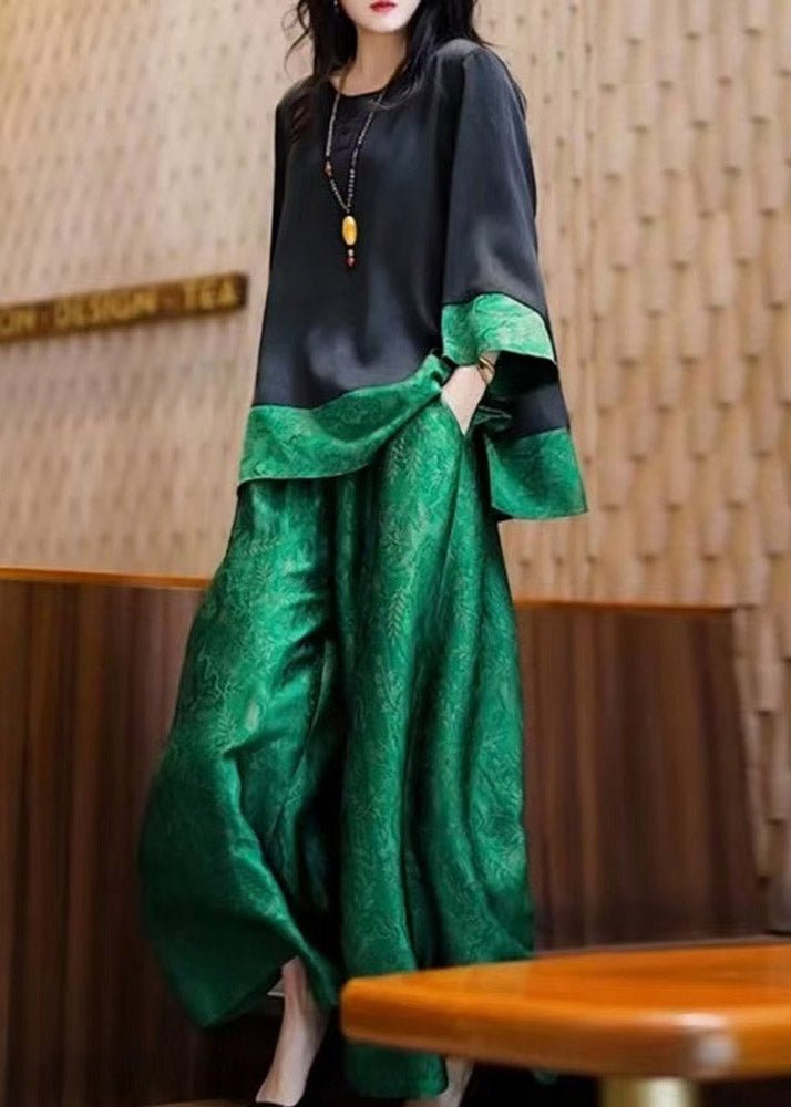 Tops Pieces Green Silk Black Two O Neck And Loose Patchwork Pants FashionChic