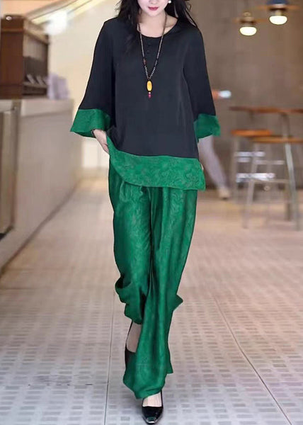 Tops Pieces Green Silk Black Two O Neck And Loose Patchwork Pants FashionChic