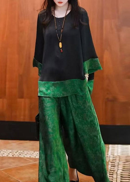 Tops Pieces Green Silk Black Two O Neck And Loose Patchwork Pants FashionChic
