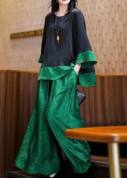 Tops Pieces Green Silk Black Two O Neck And Loose Patchwork Pants FashionChic