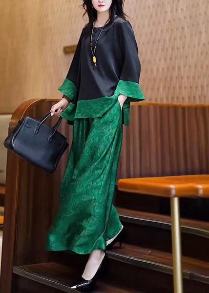 Tops Pieces Green Silk Black Two O Neck And Loose Patchwork Pants FashionChic
