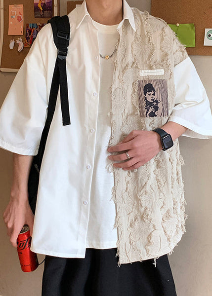 Design Half Loose Patchwork Cotton Black Shirts Original Men FashionChic