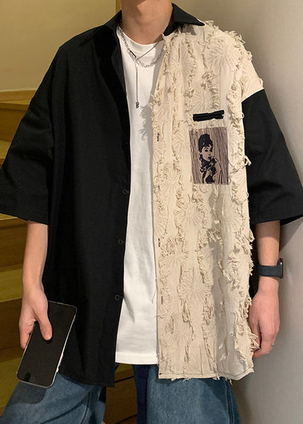 Design Half Loose Patchwork Cotton Black Shirts Original Men FashionChic