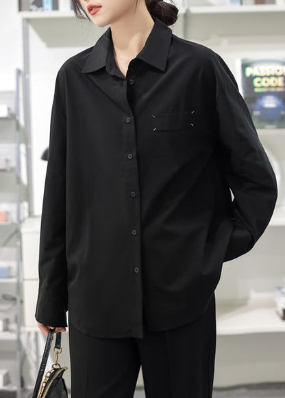 Loose Black Peter Pan Collar Button Patchwork Cotton Shirt Long Sleeve TU013