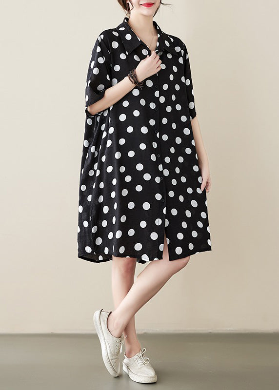 Loose Black Peter Pan Collar Dot Print Cotton Shirts Dress Summer AP072 GK-SDM240718