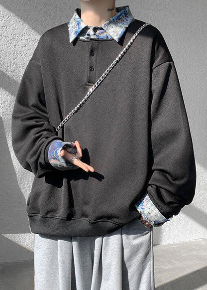 Pan Mens Cotton Collar Black Patchwork Sweatshirts Peter Loose FashionChic