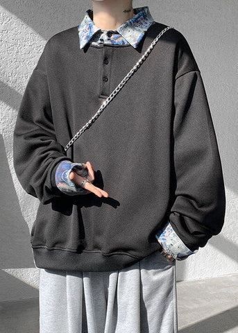 Pan Mens Cotton Collar Black Patchwork Sweatshirts Peter Loose FashionChic