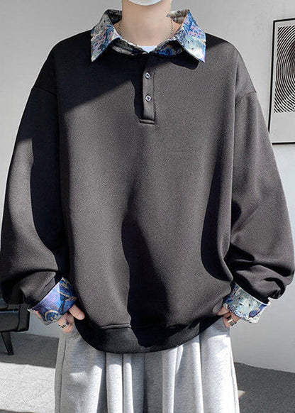 Pan Mens Cotton Collar Black Patchwork Sweatshirts Peter Loose FashionChic