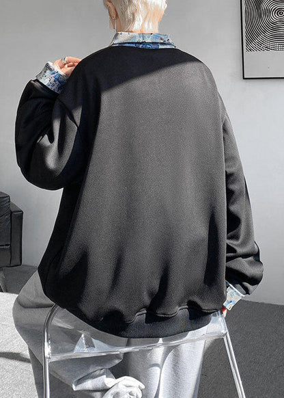 Pan Mens Cotton Collar Black Patchwork Sweatshirts Peter Loose FashionChic