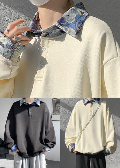Pan Mens Cotton Collar Black Patchwork Sweatshirts Peter Loose FashionChic