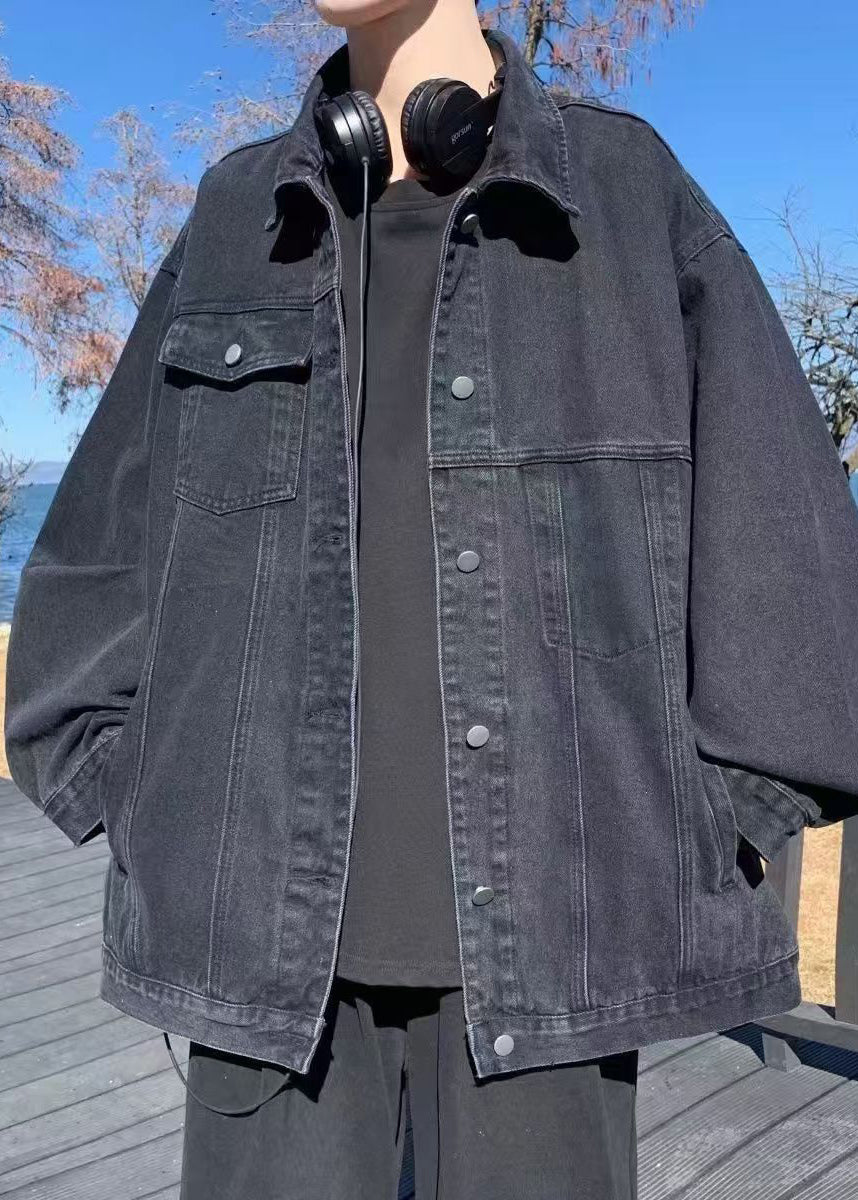 Loose Coats Peter Denim Collar Fall Pockets Mens Black Pan FashionChic