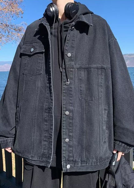 Loose Coats Peter Denim Collar Fall Pockets Mens Black Pan FashionChic