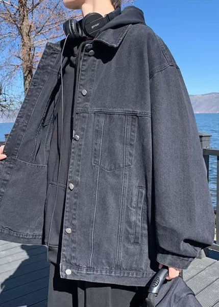 Loose Coats Peter Denim Collar Fall Pockets Mens Black Pan FashionChic