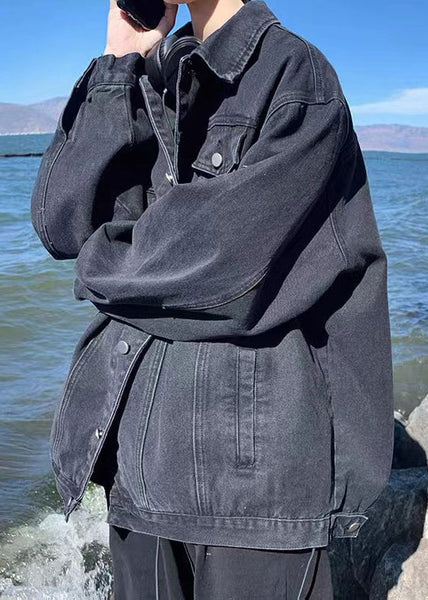 Loose Coats Peter Denim Collar Fall Pockets Mens Black Pan FashionChic