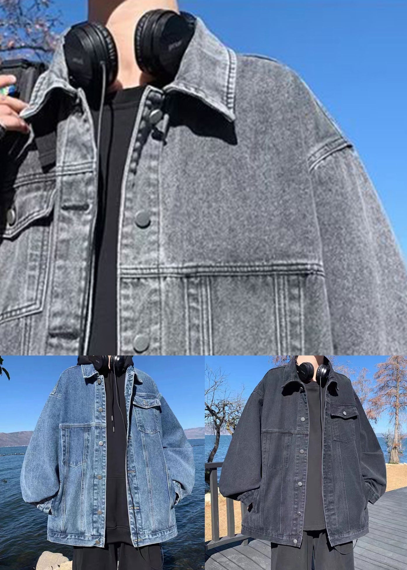 Loose Coats Peter Denim Collar Fall Pockets Mens Black Pan FashionChic