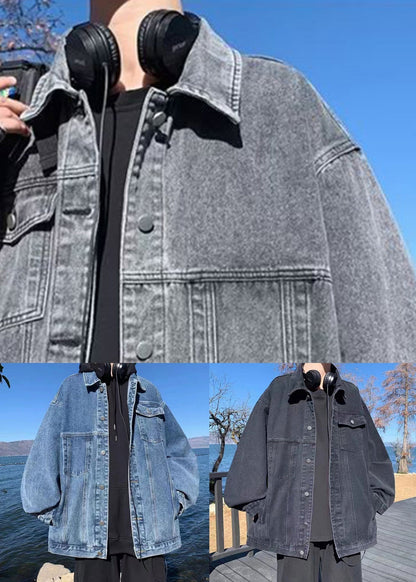 Loose Coats Peter Denim Collar Fall Pockets Mens Black Pan FashionChic