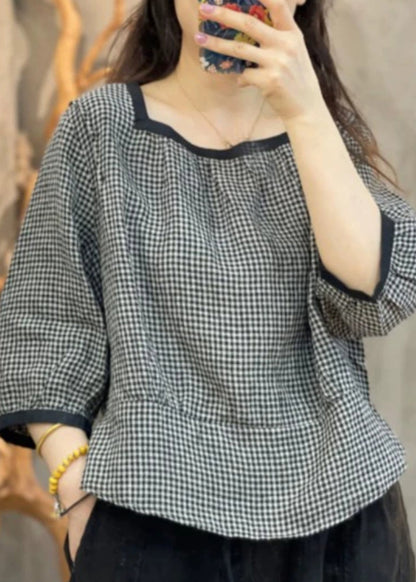 Loose Black Plaid O-Neck Patchwork Shirt Bracelet Sleeve AP013 GK-LTP240718