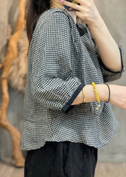 Loose Black Plaid O-Neck Patchwork Shirt Bracelet Sleeve AP013 GK-LTP240718