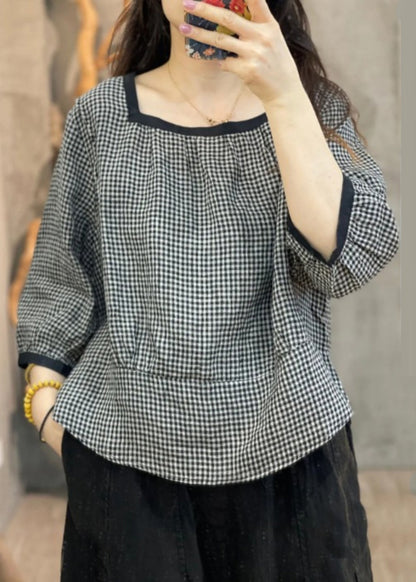 Loose Black Plaid O-Neck Patchwork Shirt Bracelet Sleeve AP013 GK-LTP240718