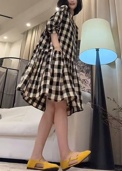 Cotton Loose Sleeve Half Dress Pockets Plaid Black FashionChic