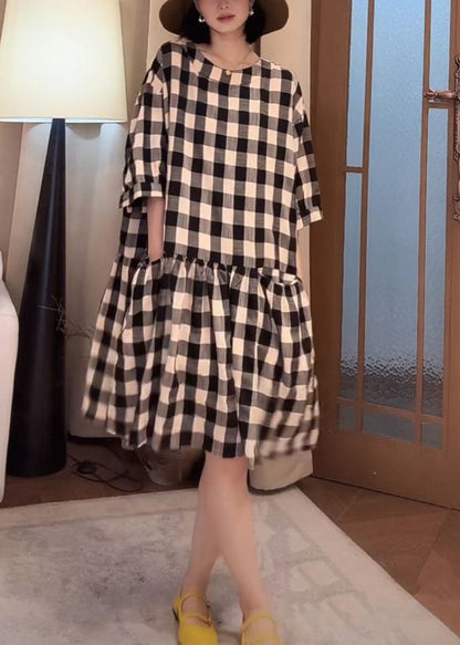 Cotton Loose Sleeve Half Dress Pockets Plaid Black FashionChic